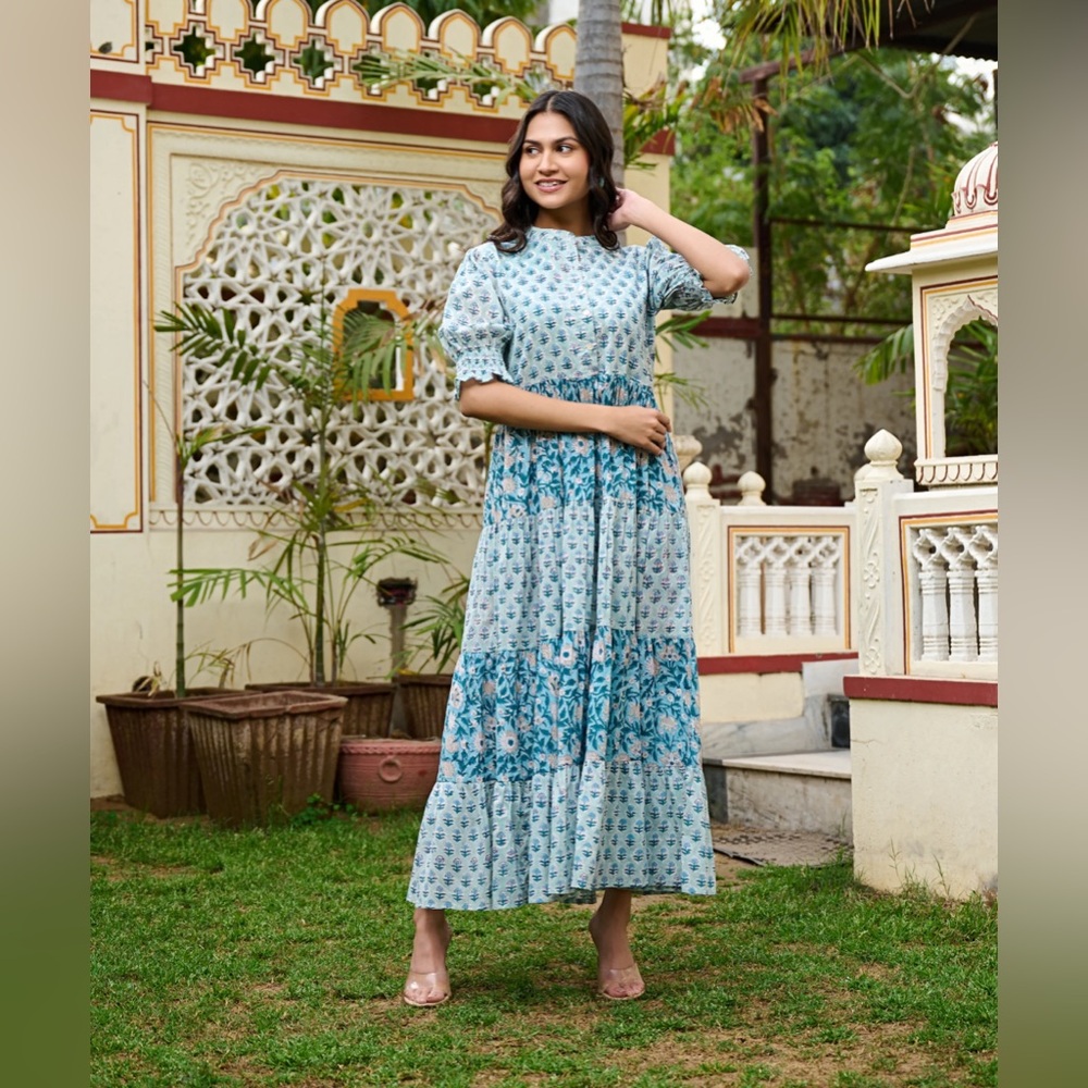 New Blue Blossom Artisan Block Pint Cotton Dress fr India Large & XL